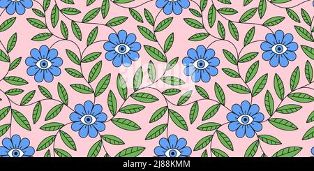 Abstract mystic psychedelic blue flower with eye and thickets leaves simple geometric outline surreal boho style seamless pattern vector illustration Stock Vector