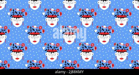 Girl with flowers and other objects from her head surreal metaphor depressed thoughts seamless pattern. Concept surreal mental health Stock Vector