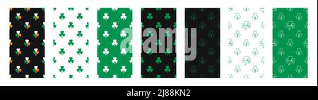 Set seamless patterns one line continuous clover with lucky text and silhouette shamrock with Irish colors flag design for Irish holiday st. Patrick's Stock Vector