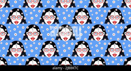 Head hippie girl with heart on tongue and flowers daisy in graphic pop style seamless pattern Stock Vector