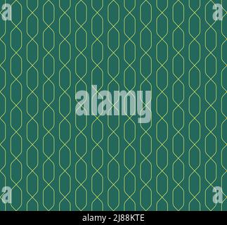 Retro geometric woven golden lines diamonds seamless pattern on green jade background Stock Vector