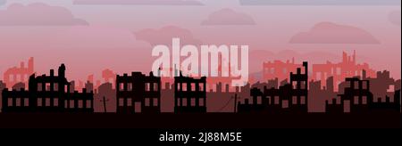 Ruined city. Decline of civilization. Apocalypse natural or war. Sad landscape of destruction. Seamless horizontal composition. Vector. Stock Vector