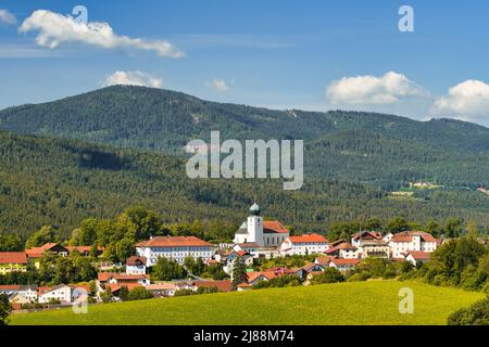 Lam, a small town in Bavaria in the summertime. Part of Lamer Winkel, Bavarian Forest, district of Cham, Upper Palatinate, Bavaria, Germany. Stock Photo