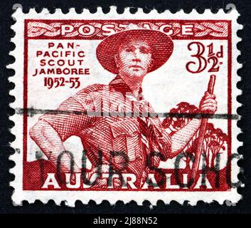 AUSTRALIA - CIRCA 1948: a stamp printed in the Australia shows Scout in Uniform, Pan-Pacific Scout Jamboree, Victoria, circa 1948 Stock Photo