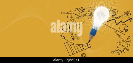 Blue 3d lightbulb merge pencil draws business strategy on yellow background, Business success, innovation and solution concept, copy space banner. Stock Photo