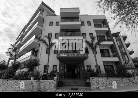 Ksamil, Albania - September 9, 2021: View of the Delight Hotel in Ksamil, Albania. Black and white photography. Stock Photo