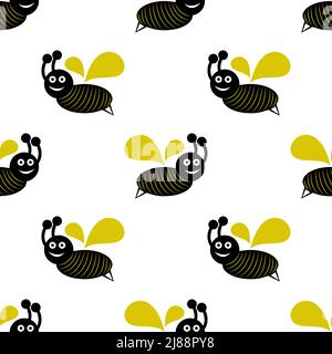 Kids drawing of flying Bee isolated on white background is in Seamless pattern - vector illustration Stock Vector