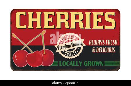 Cherries vintage rusty metal sign on a white background, vector illustration Stock Vector