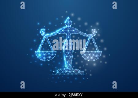 Scales 3d symbol in blue low poly style. Justice, law design concept vector illustration. Balance polygonal wireframe. Stock Vector