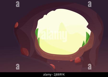 Cave entrance, forest hole with stones and round frame, grass in cartoon style, game background. Ui game design. Vector illustration Stock Vector