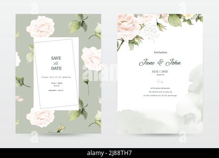 Rose and leaves watercolor invitation template cards set. Collection watercolor botanical vector suitable for Wedding Invitation, save the date, thank Stock Vector
