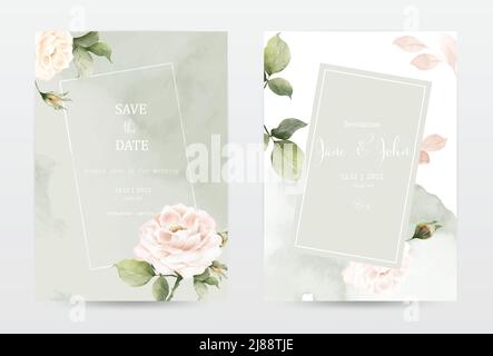 Rose and leaves watercolor invitation template cards set. Collection watercolor botanical vector suitable for Wedding Invitation, save the date, thank Stock Vector