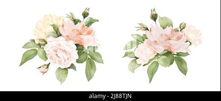 Set of rose bouquet decorative watercolor. Vector arrangements for wedding concept, greeting card or invitation design with collection of rose flowers Stock Vector