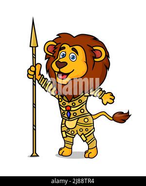 lion holding a spear with big smile and wearing clothes vector clipart illustration Stock Photo