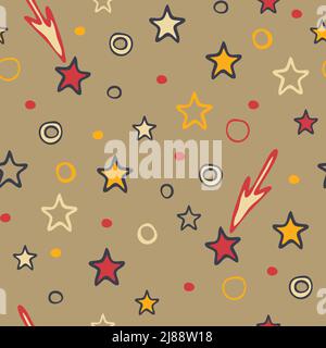 Seamless vector pattern with happy stars on beige background. Party celebration wallpaper design. Decorative star texture fashion textile. Stock Vector