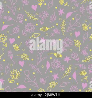 Seamless vector pattern with small flowers on light grey background. Hand drawn summer floral wallpaper design. Stock Vector