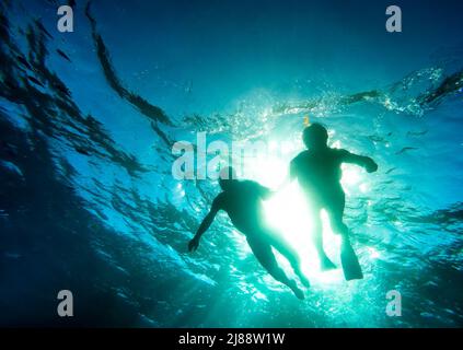 Silhouette of senior couple swimming together in tropical sea - Snorkeling tour in exotic scenarios - Concept of active elderly and fun around the wor Stock Photo
