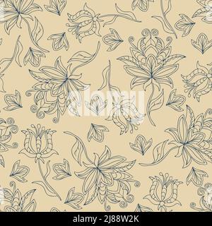 Seamless vector pattern with outline flowers on pink background. Gentle floral wallpaper texture. Tropical fashion textile design. Stock Vector