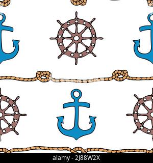Seamless vector pattern with ship wheel and anchor on white background. Simple marine life style wallpaper design. Stock Vector