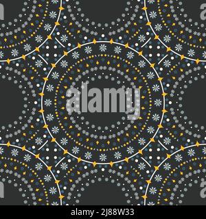 Seamless vector pattern with flower circles on grey background. Geometric floral wreath wallpaper design. Decorative tinsel disc fashion textile. Stock Vector