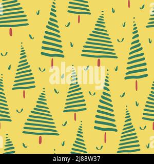 Seamless vector pattern with hand drawn green trees on yellow background, Simple forest wallpaper design.  Fabric fashion modern style. Stock Vector