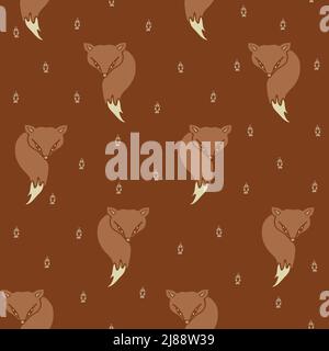 Seamless vector pattern with foxes on brown background. Simple animal wallpaper design. Decorative wildlife fashion textile. Stock Vector