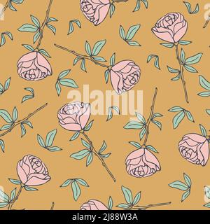 Seamless vector pattern with pink roses on yellow background. Romantic vintage floral wallpaper design. Decorative valentines day fashion textile. Stock Vector