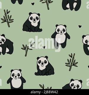 Seamless vector pattern with cute pandas on green background. Hand drawn animal wallpaper design. Decorative zoo fashion textile. Stock Vector