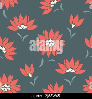 Seamless vector pattern with red flowers on grey background. Simple Christmas floral wallpaper design. Decorative poinsettia fashion textile. Stock Vector