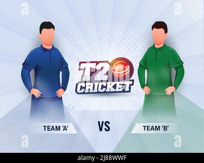 Sticker Style T20 Cricket Font With Red Ball, Faceless Cricketer Players Of Participating Team A VS B On Blue Rays Halftone Background. Stock Vector