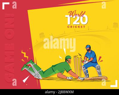T20 World Cricket Match Game On! Font With Concept Of Run Out Batsman And Wicket Keeper Hitting Ball To Stump On Yellow And Red Playground. Stock Vector