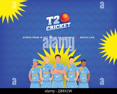 Sticker Style T20 Cricket Font With Red Ball, Faceless India Cricketer Player Team On Yellow And Blue Zigzag Lines Background. Stock Vector