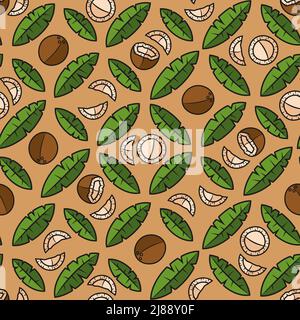 Seamless pattern with palm leaves and coconuts. Tropical vector background with isolated objects. Stock Vector
