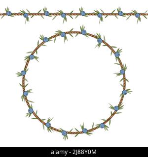 Seamless pattern and frame of the cord with juniper. Isolated objects on white. Stock Vector
