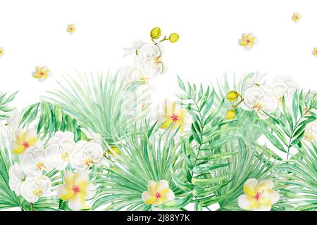Hand drawn flowers and leaves of tropical plants. Seamless line horizontal pattern with watercolor exotic green tropical forest foliage and white orch Stock Photo