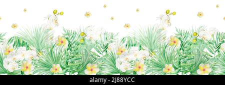 Hand drawn flowers and leaves of tropical plants. Seamless line horizontal pattern with watercolor exotic green tropical forest foliage and white orch Stock Photo