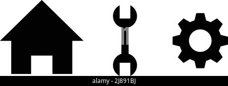 House, wrench, and gear silhouette icon set. Editable vector. Stock Vector