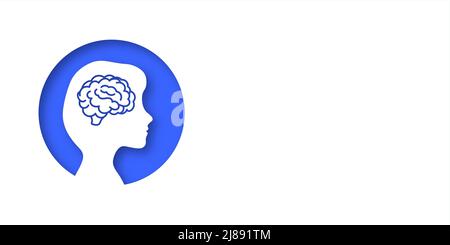 White banner with a girl's head. Place for your text. opy space. Medical concept of diseases of the brain. Stroke, ischemia, Alzheimer's, aneurysm, tu Stock Vector