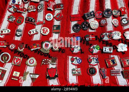 14th May 2022 ; Wembley Stadium, London England; FA Cup Final, Chelsea versus Liverpool: Liverpool fan wearing a Liverpool scarf full of Liverpool pin badges outside Wembley Stadium Stock Photo