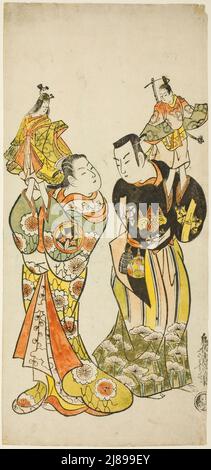 The Actors Yamashita Kinsaku I and Hayakawa Hatsuse as puppeteers in the play &quot;Diary Kept on a Journey by Sea to Izu&quot; (&quot;Funadama Izu Nikki&quot;), performed at the Nakamura Theater in the first month, 1725, 1725. Stock Photo