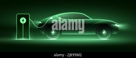 Electric car charging on the station, vector illustration. Green neon glowing EV vehicle filling up a battery. Modern hybrid SUV or sports car design with voltage symbol on the wheels. Stock Vector