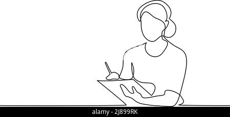 Man looking for ideas in notebook line drawing Stock Vector