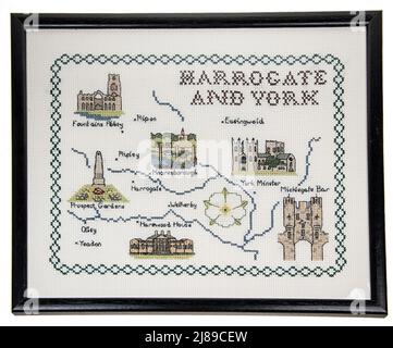 Cros stitch needlepoint map of Harrogate and York Stock Photo