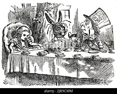 John Tenniel illustration of the Mad Hatter's Tea Party from Alice in Wonderland by Lewis Carroll Stock Photo