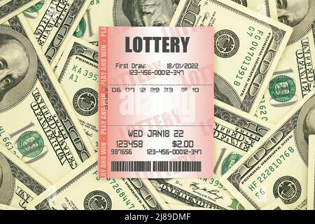 Red lottery ticket lies on big amount of hundred dollar bills. Lottery playing concept or gambling addiction. Close up photo Stock Photo