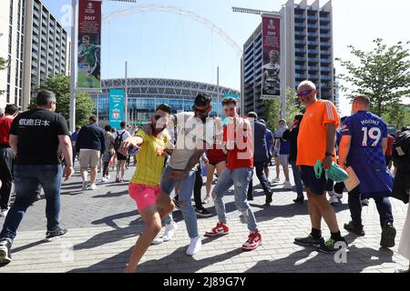 London, England, 14th May 2022. Liverpool fans make their way to the stadium before the Emirates FA Cup match at Wembley Stadium, London. Picture credit should read: Paul Terry / Sportimage Stock Photo