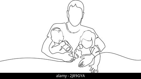 Continuous one line drawing vector illustration. Father with two kids in hands. Stock Vector