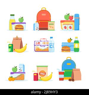 Lunch box different types of lunches. Vector school lunch box with healthy food, fruits or vegetables packed in a children s container in a bag. Set of packaged food illustrations isolated on white. Stock Vector