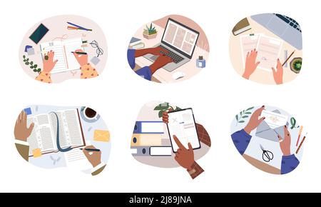 Set of hands holding pens or pencils, typing on laptop, writing letter, making notes in notebook, filling out diary and planners, signing business documents. Flat vector illustration isolated on white Stock Vector