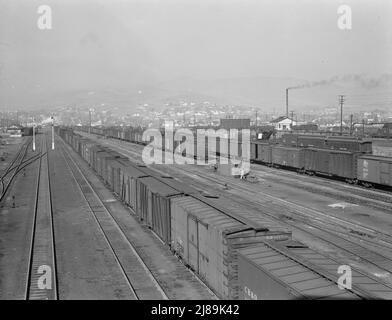 Railroad yard, outskirts of fast-growing town. Klamath Falls, Oregon. Stock Photo